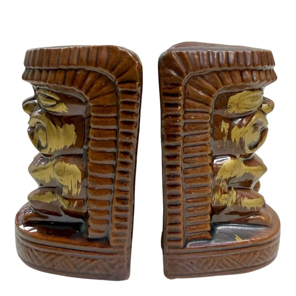 Vintage Tiki Hawaiian Ceramic Salt & Pepper Shakers Brown Gold‎ Made In Japan